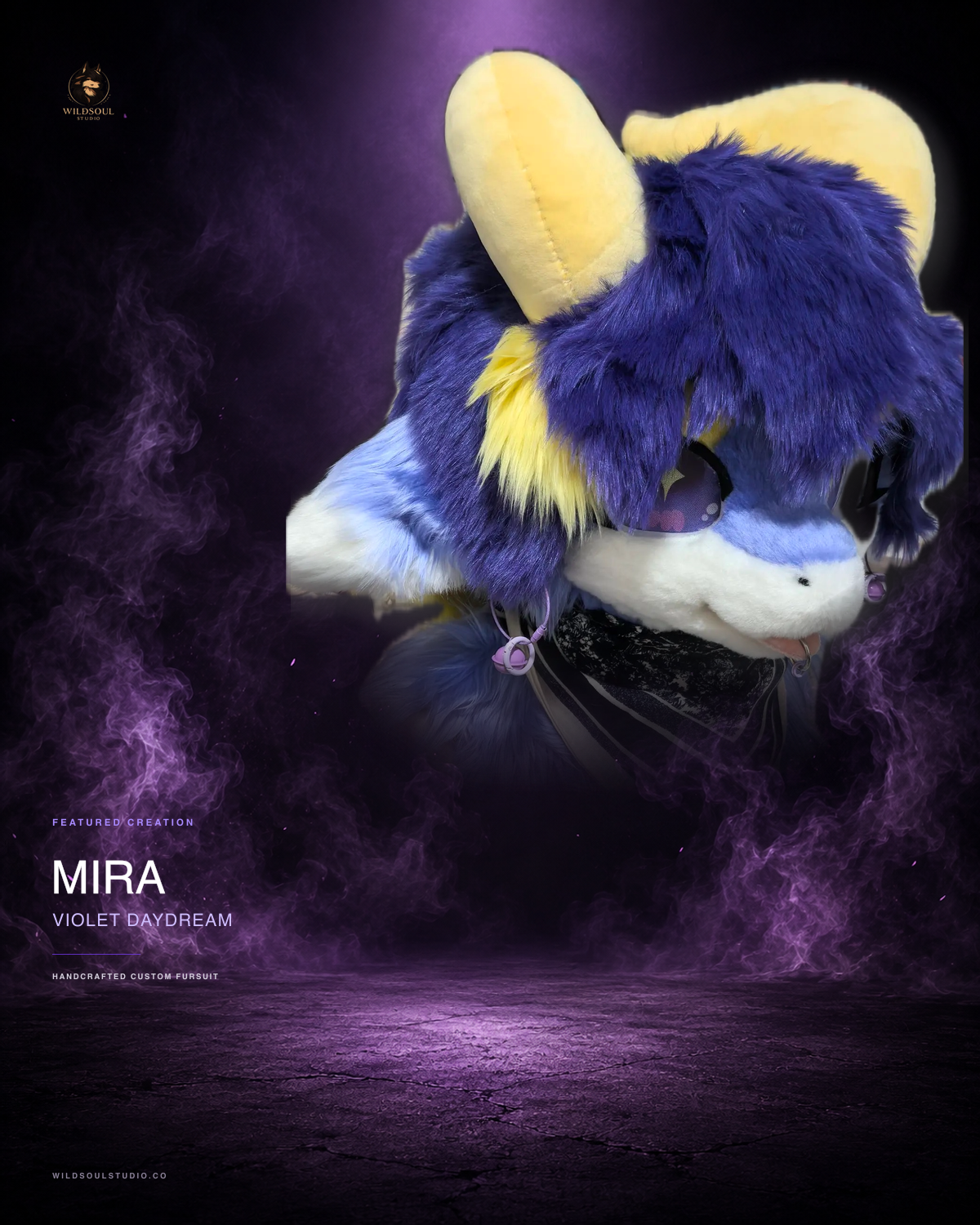 Character detail view of Mira, a completed custom fursuit head by WildSoul Studio