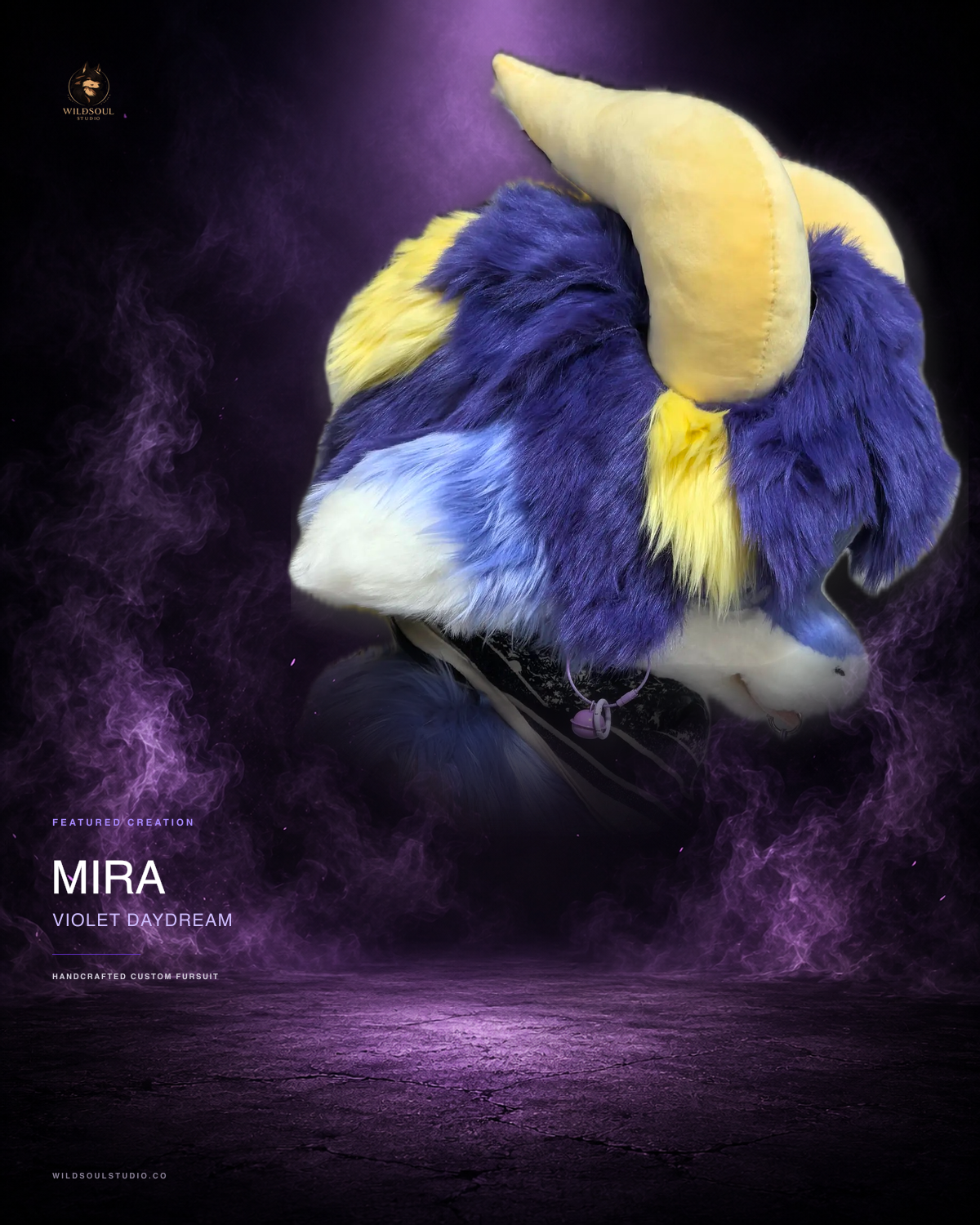 Multi-view portfolio showcase of Mira, a completed custom fursuit head by WildSoul Studio