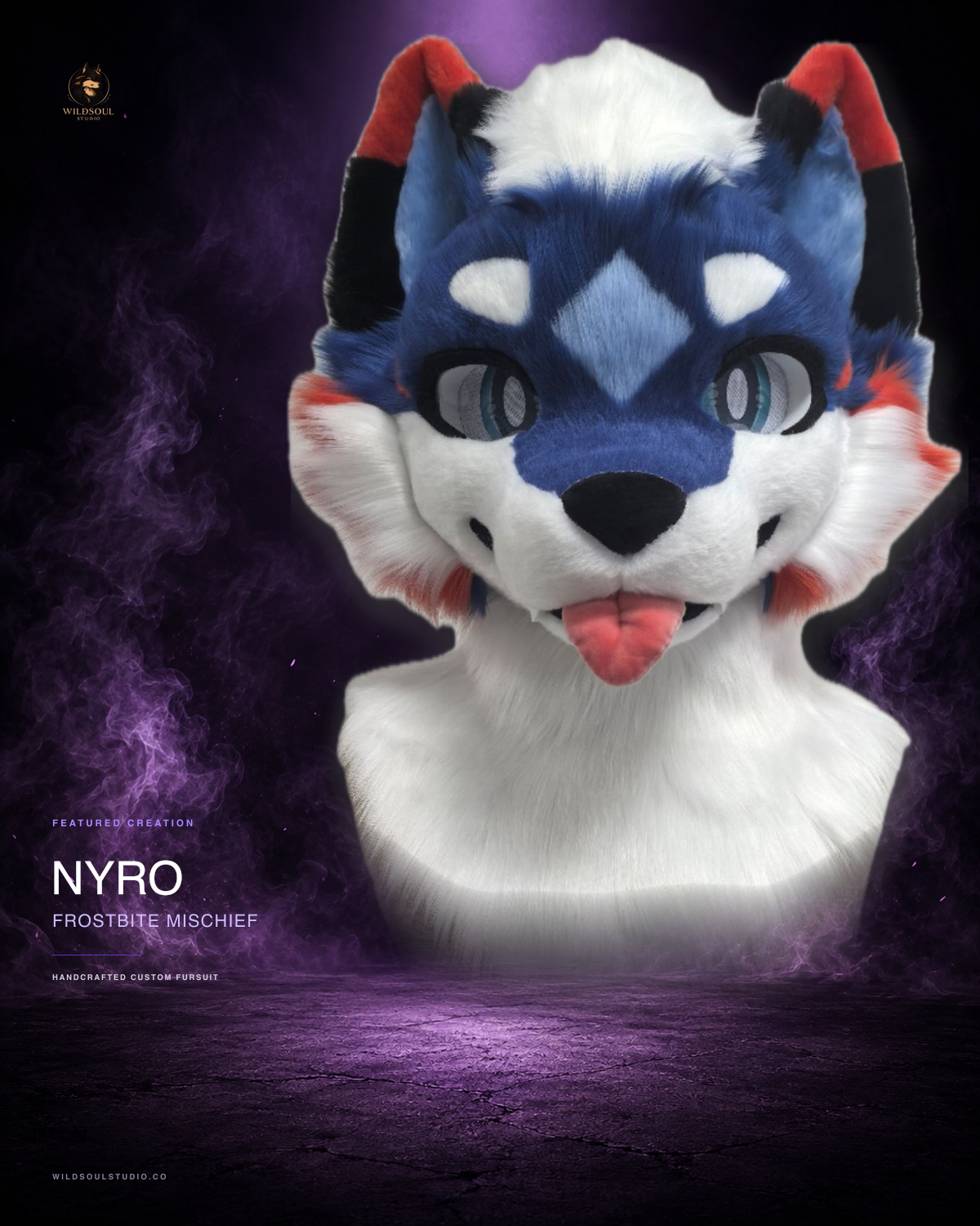 Featured portfolio view of Nyro, a completed custom fursuit head by WildSoul Studio
