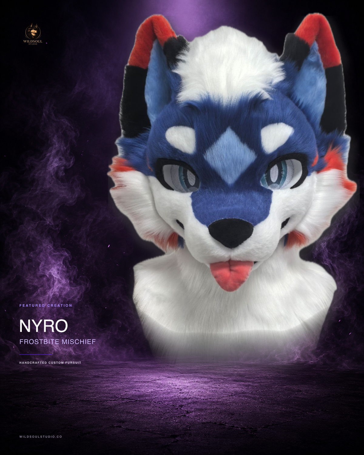 Alternate portfolio view of Nyro, a completed custom fursuit head by WildSoul Studio