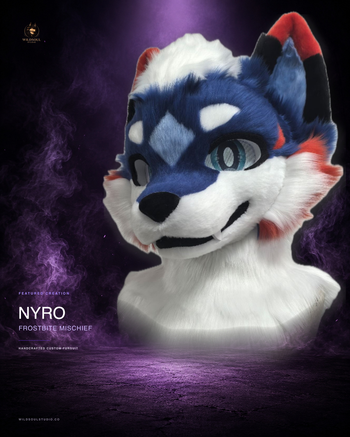 Character detail view of Nyro, a completed custom fursuit head by WildSoul Studio
