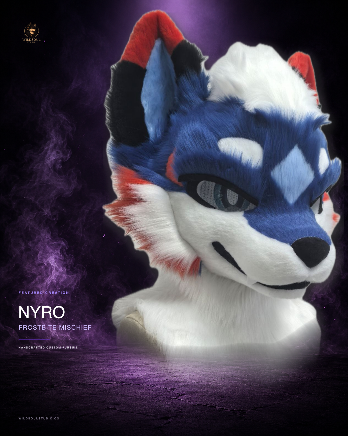 Additional portfolio view of Nyro, a completed custom fursuit head by WildSoul Studio