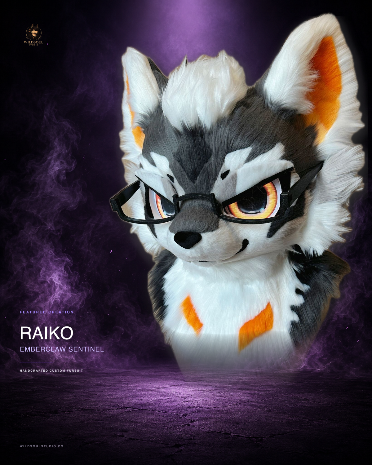 Featured portfolio view of Raiko, a completed custom fursuit head by WildSoul Studio