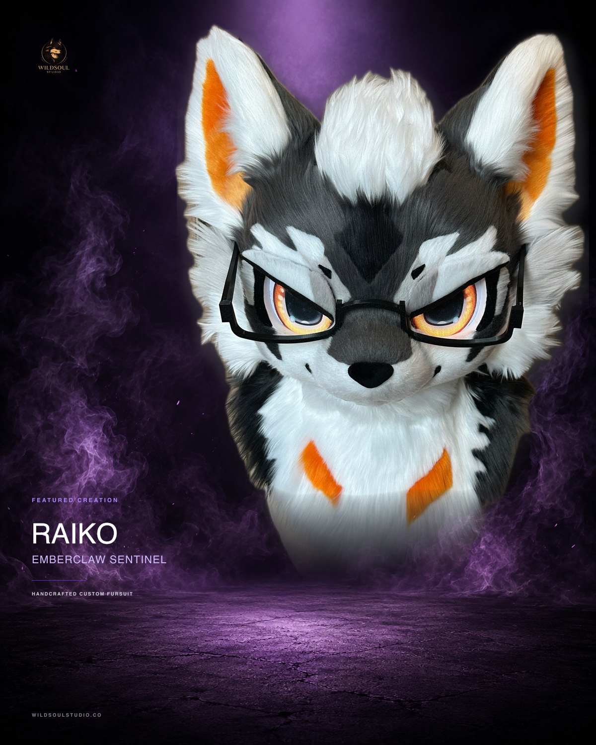 Alternate portfolio view of Raiko, a completed custom fursuit head by WildSoul Studio