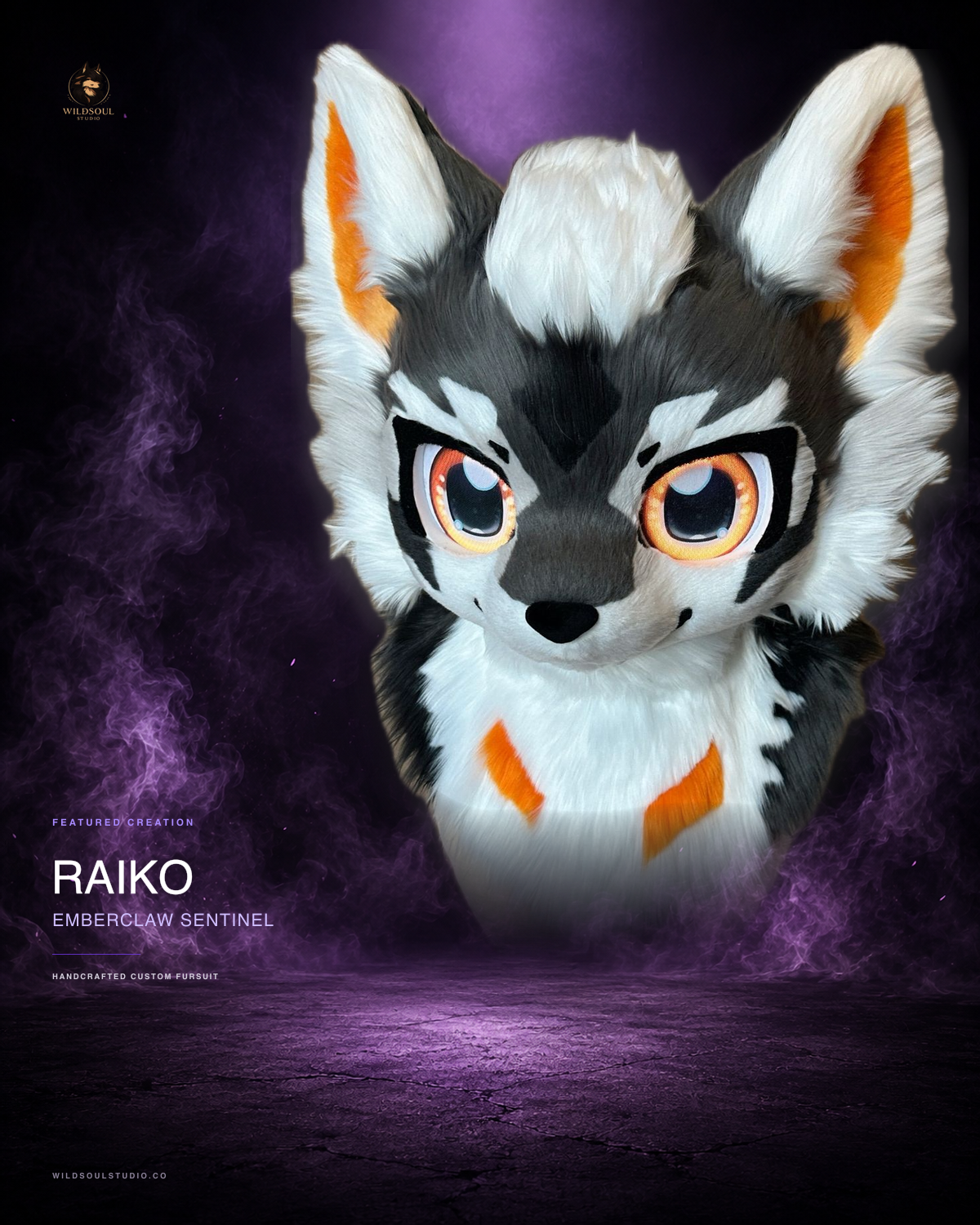 Character detail view of Raiko, a completed custom fursuit head by WildSoul Studio