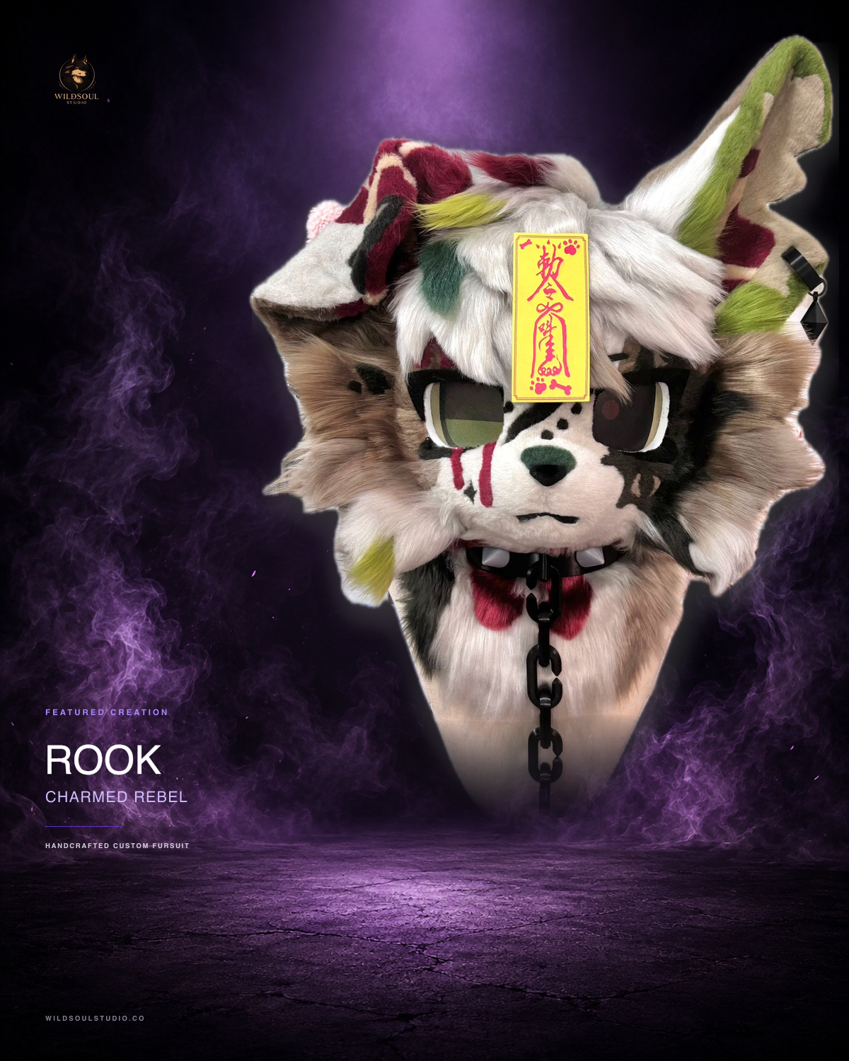 Featured portfolio view of Rook, a completed custom fursuit head by WildSoul Studio