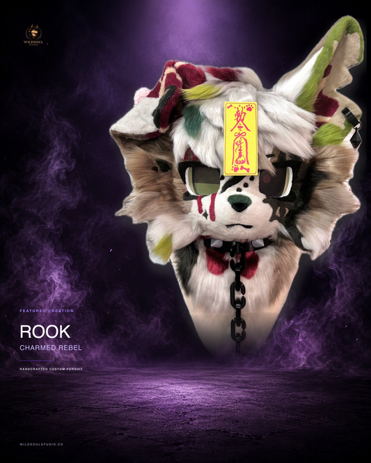 Featured portfolio view of Rook, a completed custom fursuit head by WildSoul Studio