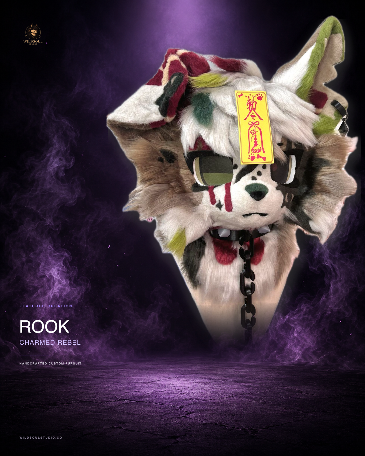 Alternate portfolio view of Rook, a completed custom fursuit head by WildSoul Studio