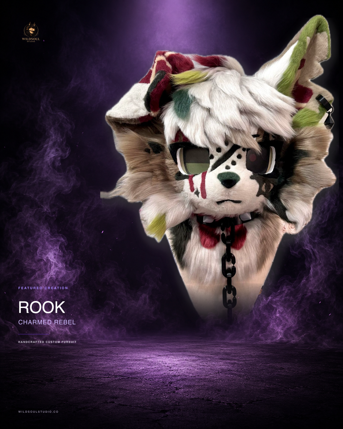 Character detail view of Rook, a completed custom fursuit head by WildSoul Studio
