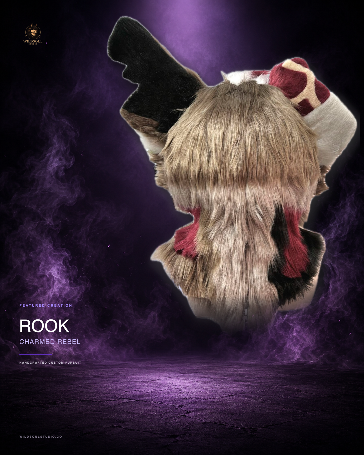 Additional portfolio view of Rook, a completed custom fursuit head by WildSoul Studio