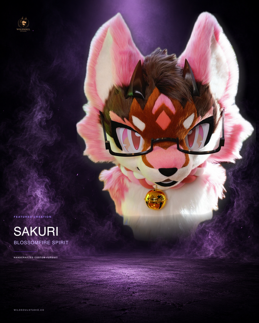 Featured portfolio view of Sakuri, a completed custom fursuit head by WildSoul Studio