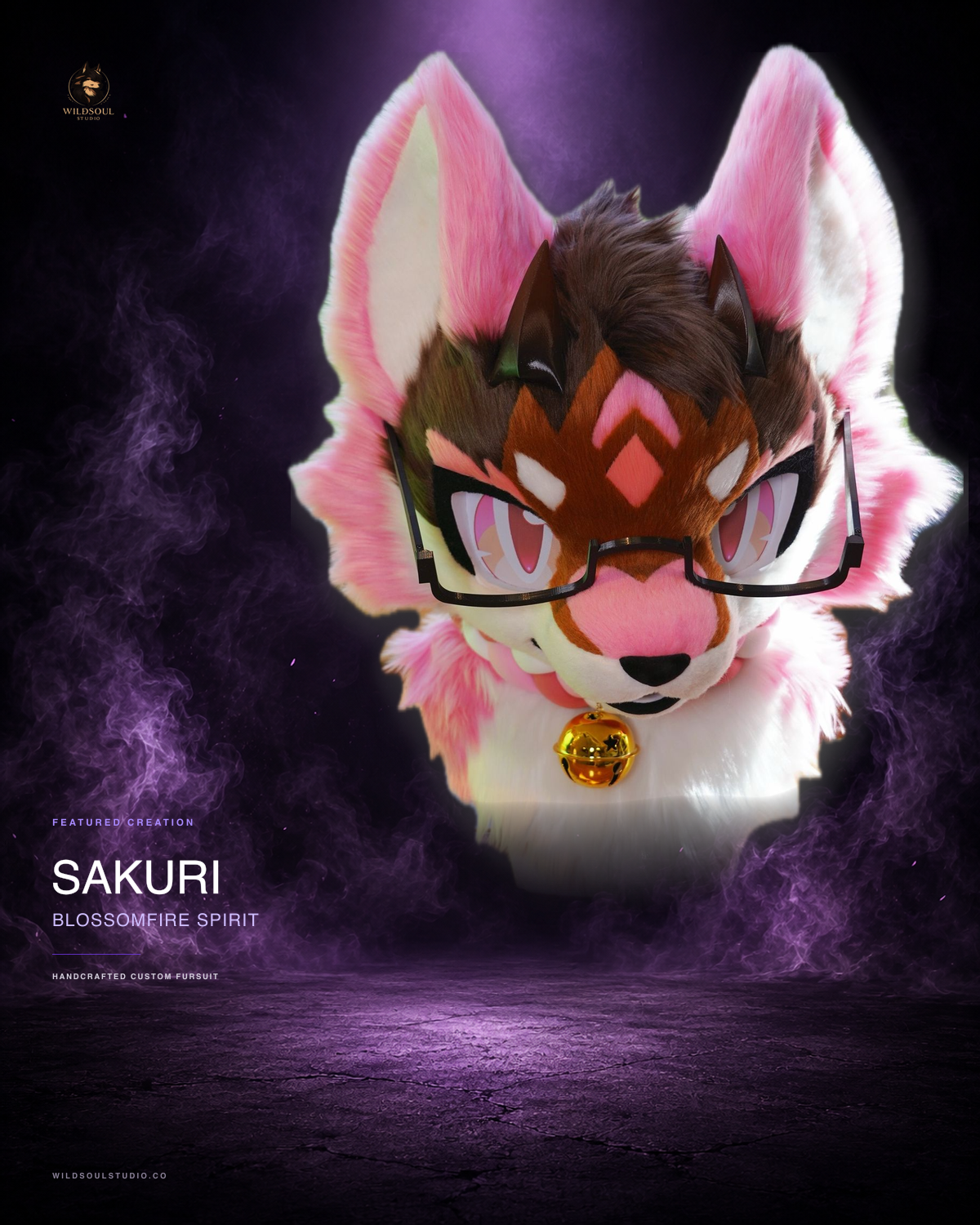Alternate portfolio view of Sakuri, a completed custom fursuit head by WildSoul Studio