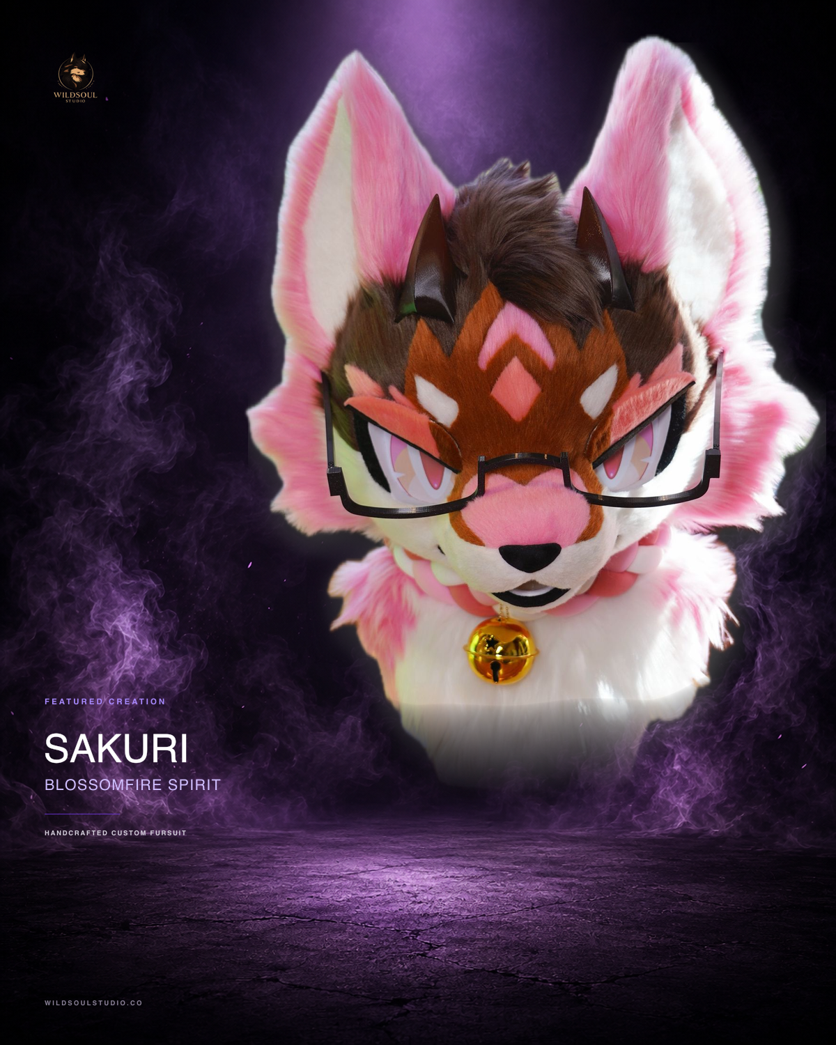 Character detail view of Sakuri, a completed custom fursuit head by WildSoul Studio