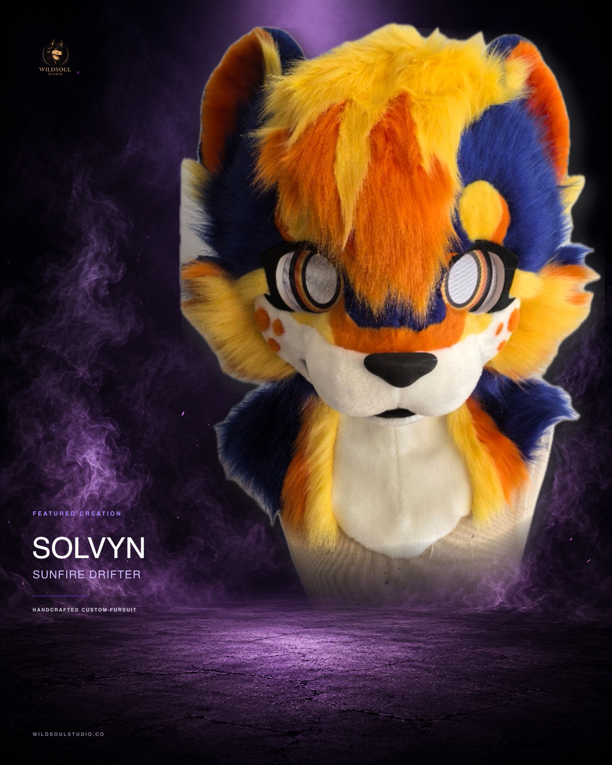Featured portfolio view of Solvyn, a completed custom fursuit head by WildSoul Studio