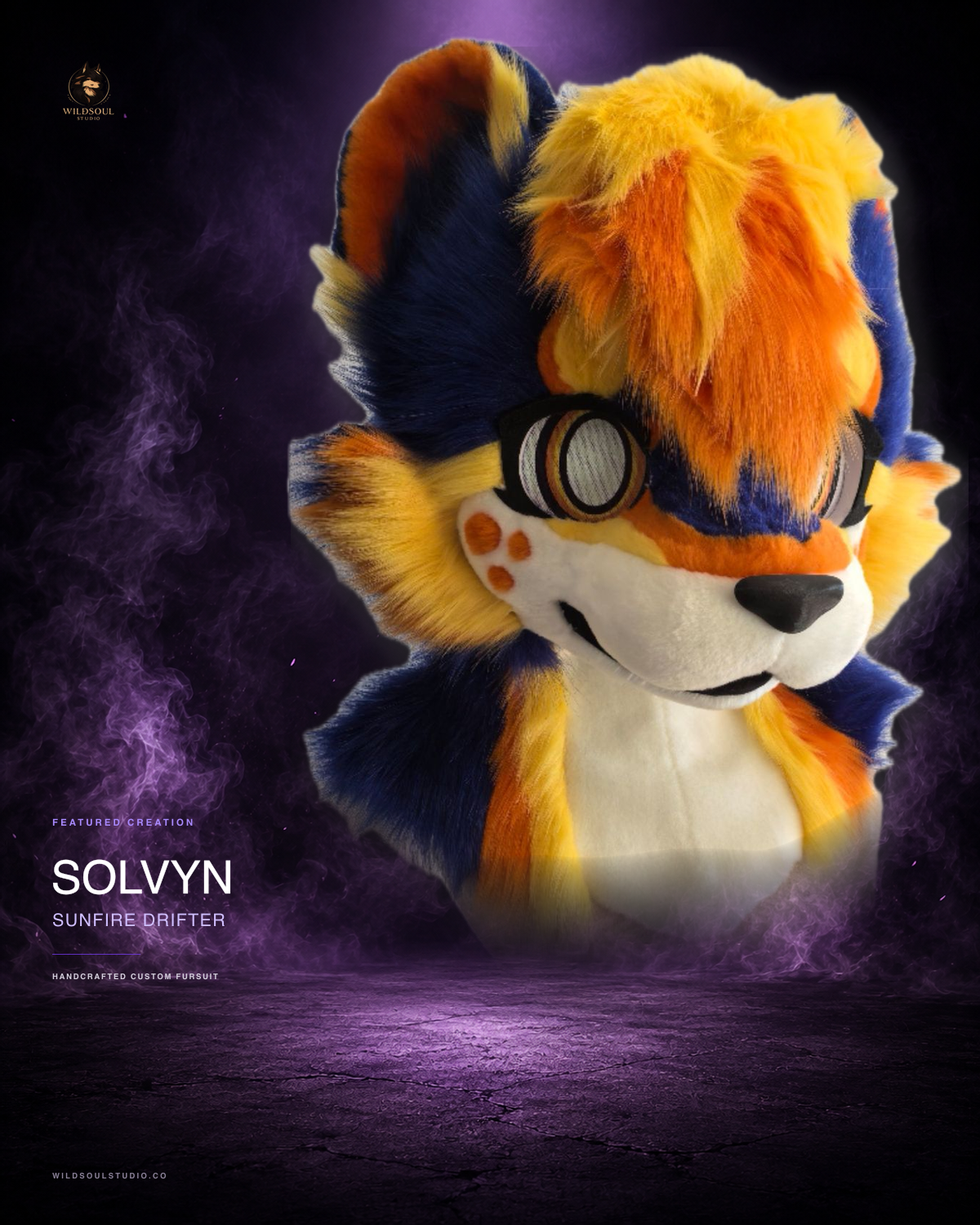 Alternate portfolio view of Solvyn, a completed custom fursuit head by WildSoul Studio