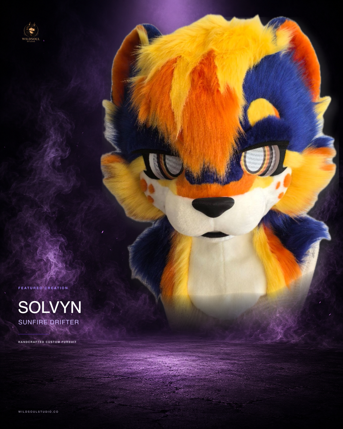 Character detail view of Solvyn, a completed custom fursuit head by WildSoul Studio