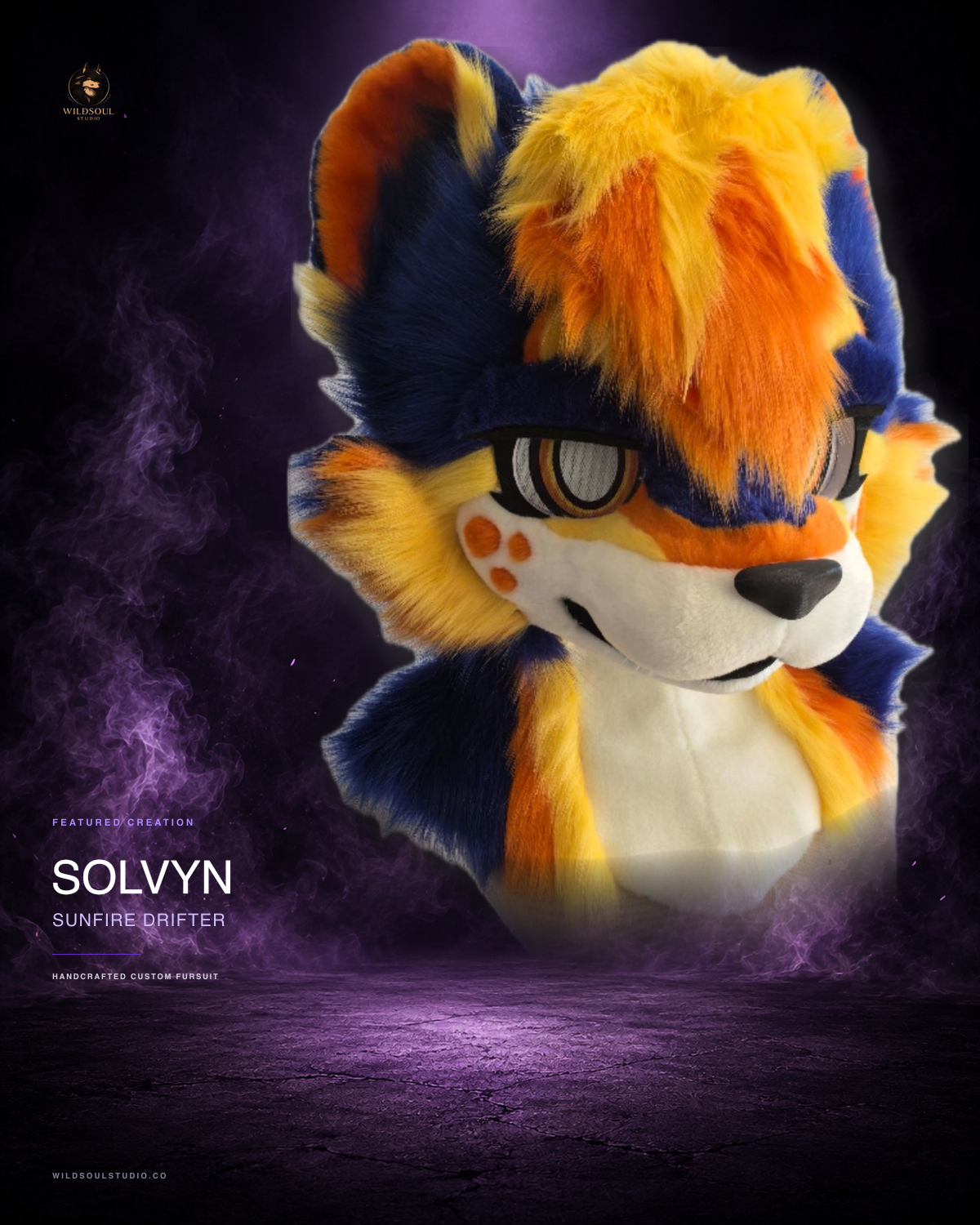 Additional portfolio view of Solvyn, a completed custom fursuit head by WildSoul Studio