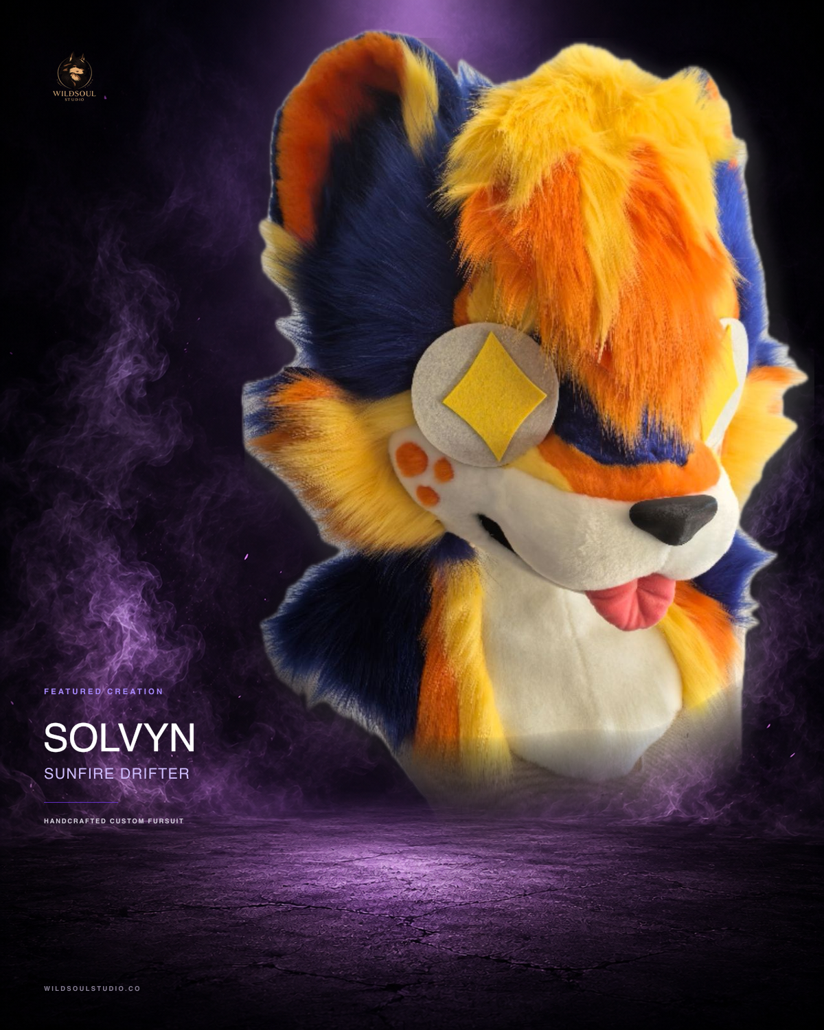 Multi-view portfolio showcase of Solvyn, a completed custom fursuit head by WildSoul Studio