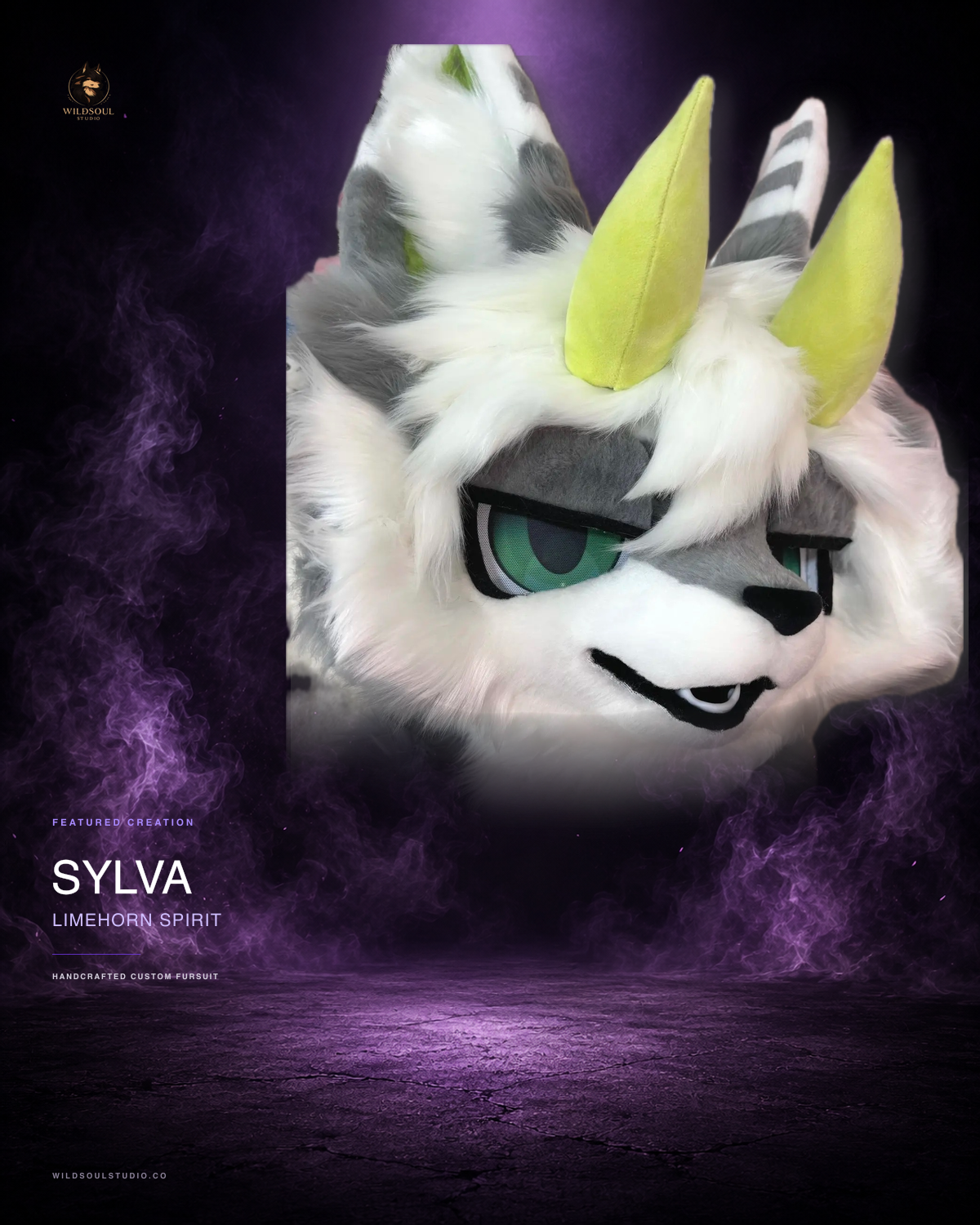 Featured portfolio view of Sylva, a completed custom fursuit head by WildSoul Studio