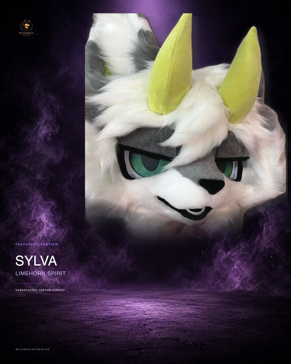 Alternate portfolio view of Sylva, a completed custom fursuit head by WildSoul Studio