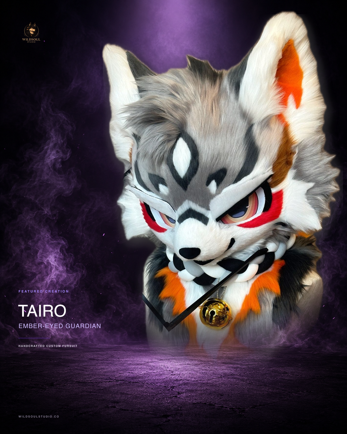 Featured portfolio view of Tairo, a completed custom fursuit head by WildSoul Studio