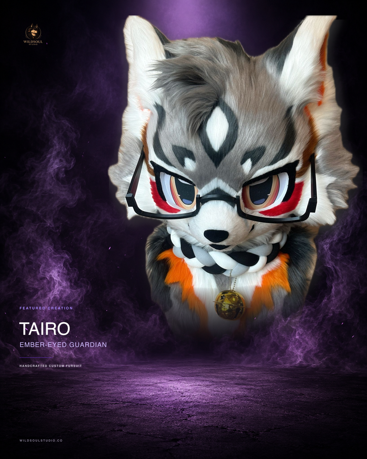 Character detail view of Tairo, a completed custom fursuit head by WildSoul Studio