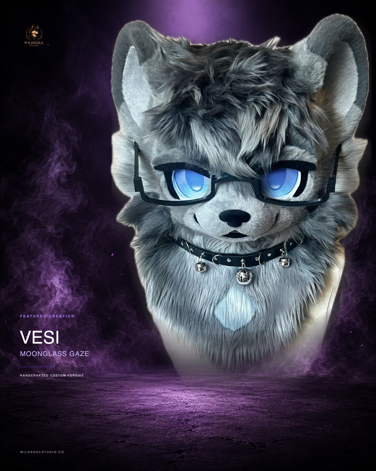 Character detail view of Vesi, a completed custom fursuit head by WildSoul Studio