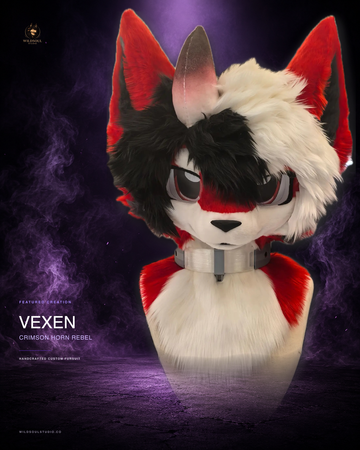 Featured portfolio view of Vexen, a completed custom fursuit head by WildSoul Studio