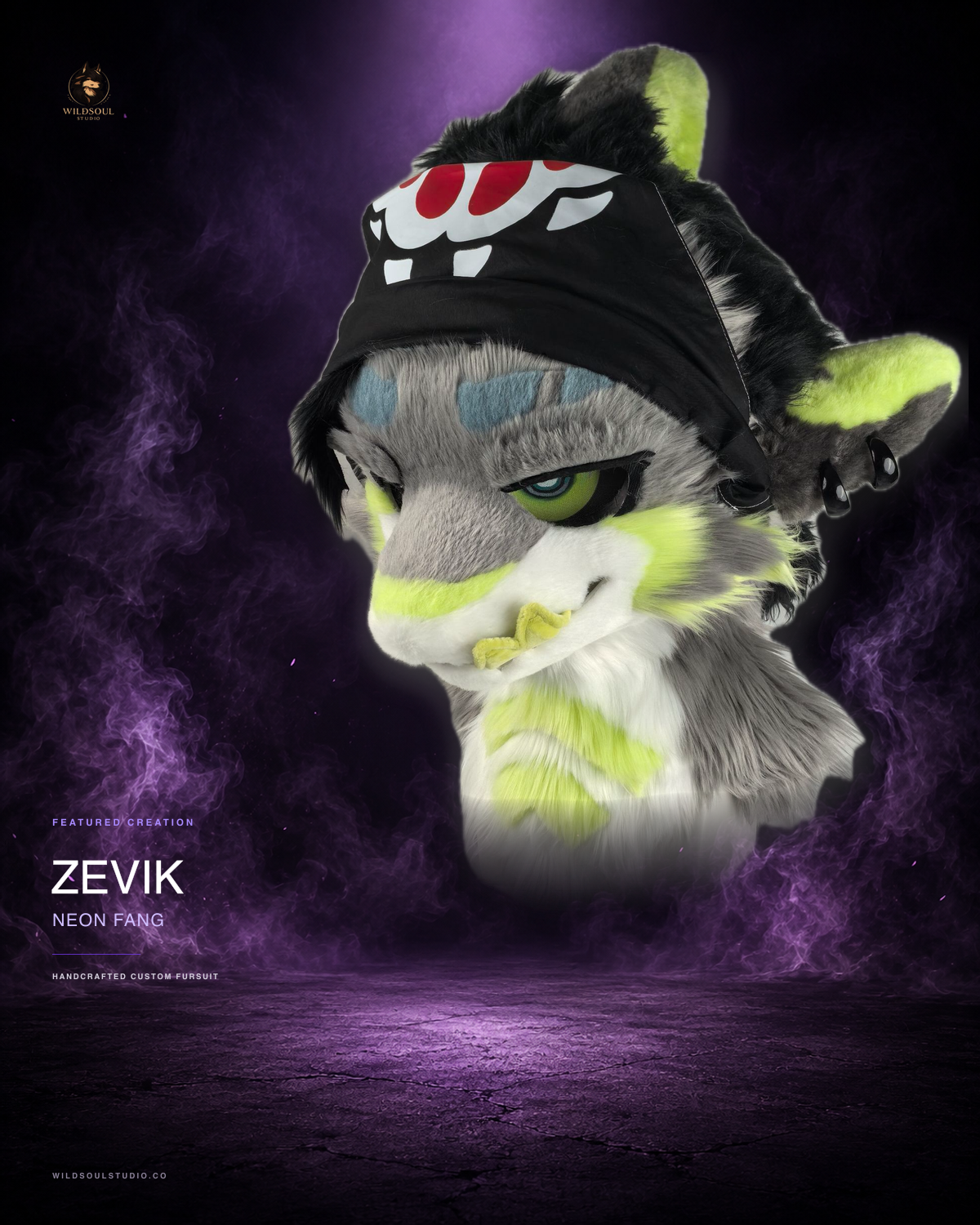 Featured portfolio view of Zevik, a completed custom fursuit head by WildSoul Studio