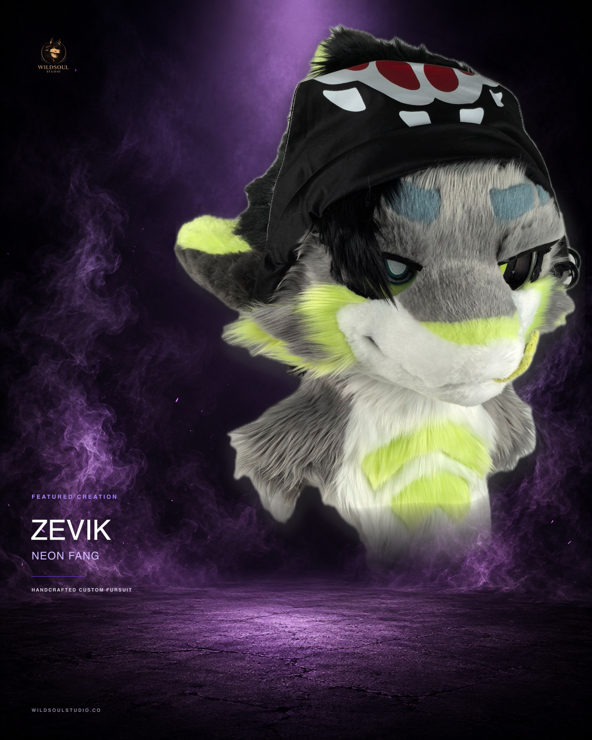 Character detail view of Zevik, a completed custom fursuit head by WildSoul Studio
