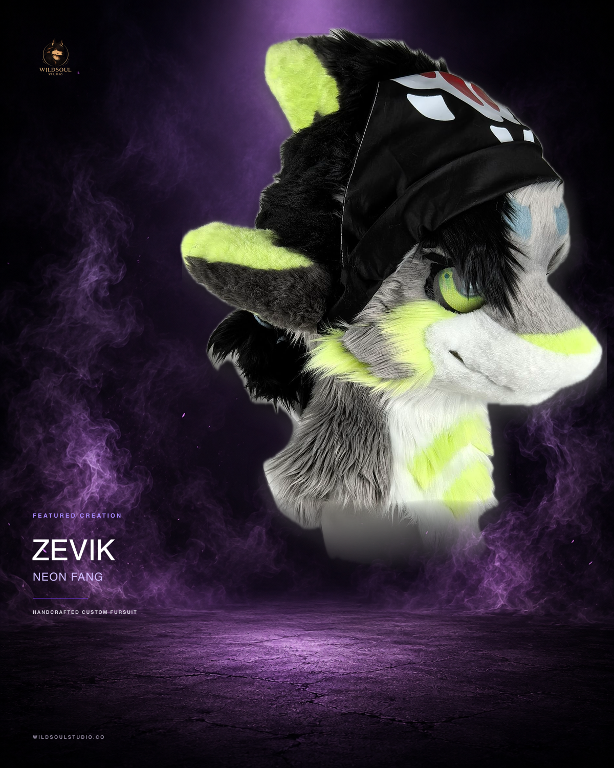 Additional portfolio view of Zevik, a completed custom fursuit head by WildSoul Studio