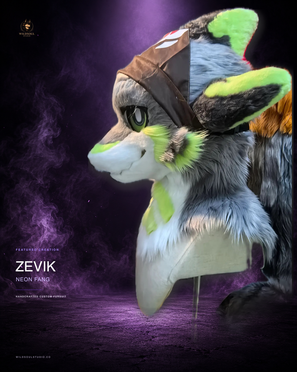 Multi-view portfolio showcase of Zevik, a completed custom fursuit head by WildSoul Studio