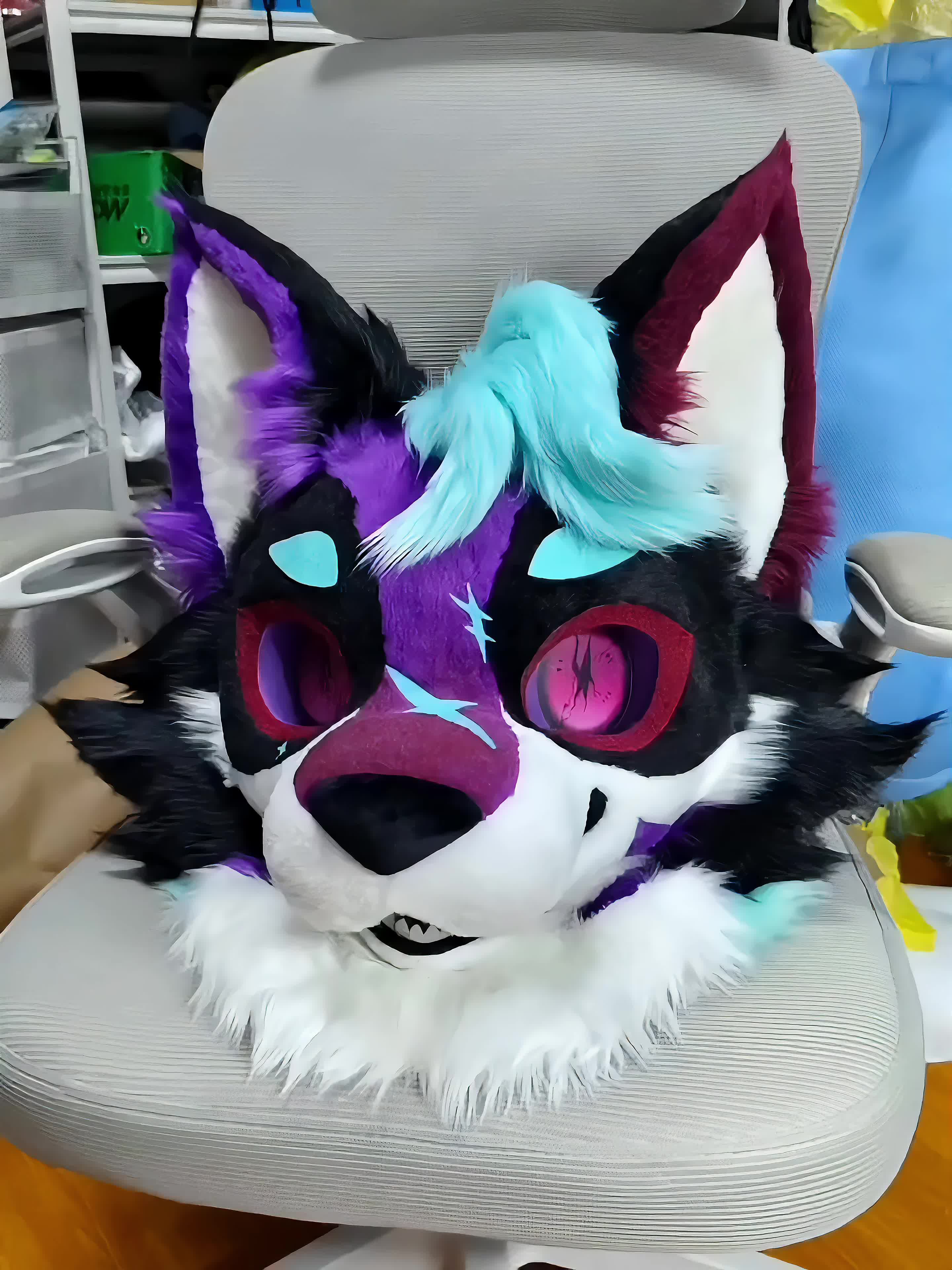 Finished purple and teal custom fursuit head